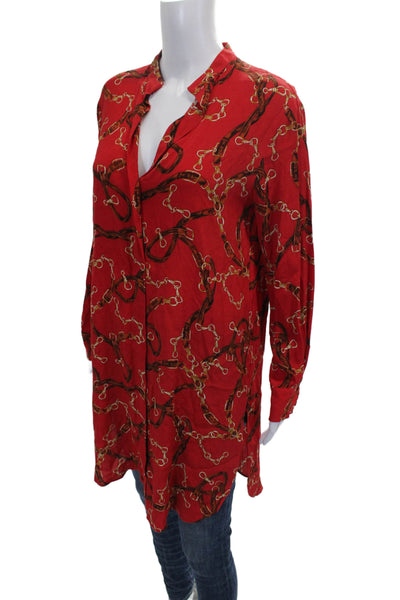 Zara Basic Women Shirt Dress Red Viscose Chain Print Long Sleeve Size XS