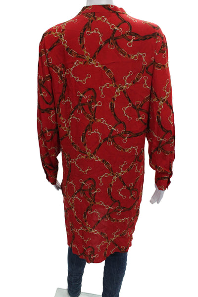Zara Basic Women Shirt Dress Red Viscose Chain Print Long Sleeve Size XS