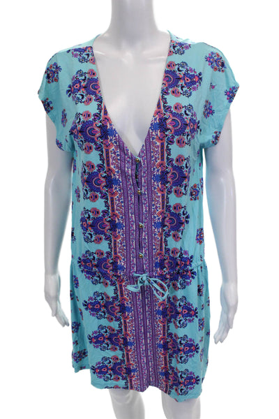 Nanette Lepore Womens Shift Dress Blue Paisley V-Neck Short Sleeve Size M