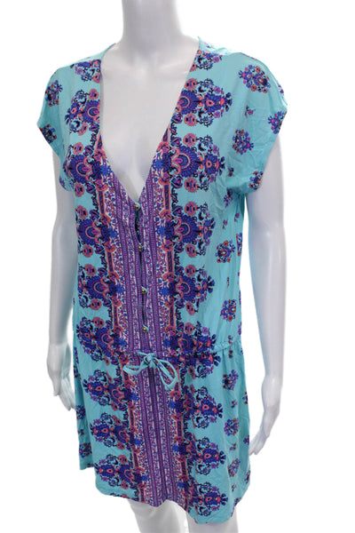 Nanette Lepore Womens Shift Dress Blue Paisley V-Neck Short Sleeve Size M