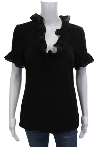 Trina Turk Women V-Neck Black Short Sleeve Blouse Triacetate Pullover Size S