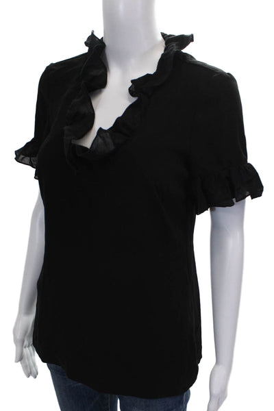 Trina Turk Women V-Neck Black Short Sleeve Blouse Triacetate Pullover Size S