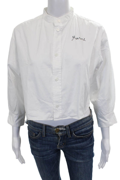 Marni Women Cropped White Cotton Collared Button Up Short Sleeve Size 14