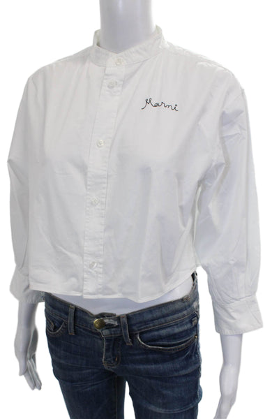 Marni Women Cropped White Cotton Collared Button Up Short Sleeve Size 14