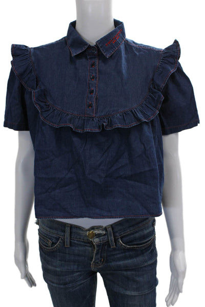 philosophy Girls Shorts Sleeves Ruffle Denim Blouse Blue Size S