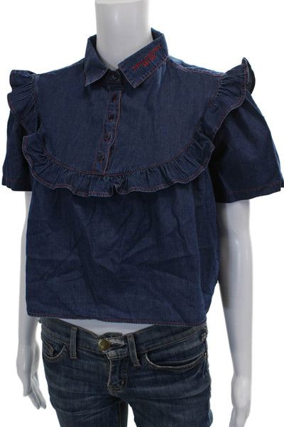 philosophy Girls Shorts Sleeves Ruffle Denim Blouse Blue Size S