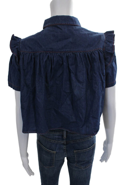 philosophy Girls Shorts Sleeves Ruffle Denim Blouse Blue Size S