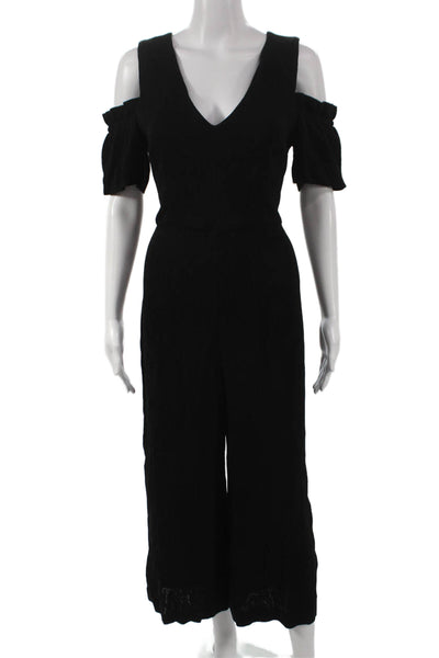 Club Monaco Women Black V Neck Jumpsuit Cold Shoulder Sleeve Zip Size 4