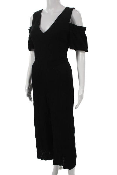 Club Monaco Women Black V Neck Jumpsuit Cold Shoulder Sleeve Zip Size 4
