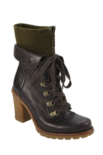 Ugg Women's Round Toe Leather Lace Up Ankle Boots Brown Size 7