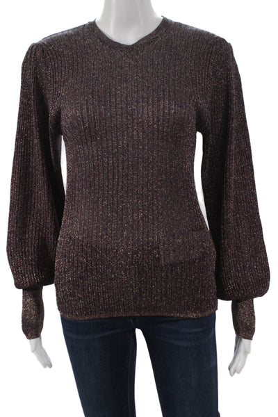 Ba&Sh Womens Striped V Neck Pullover Brown Long Sleeve Size 8