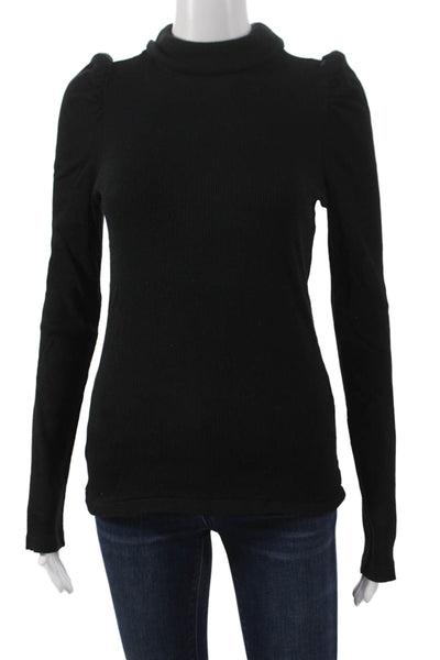 Amo Women Basic T-Shirt Black Cotton Mock Neck Long Sleeve Pullover Size M