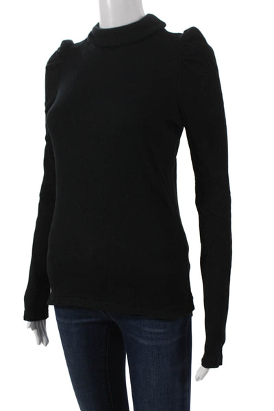 Amo Women Basic T-Shirt Black Cotton Mock Neck Long Sleeve Pullover Size M