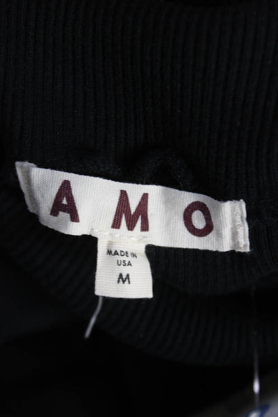 Amo Women Basic T-Shirt Black Cotton Mock Neck Long Sleeve Pullover Size M
