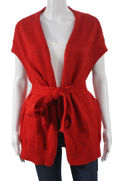 Ange Women Cardigan Red V-Neck Short Sleeve Acrylic Size One Size