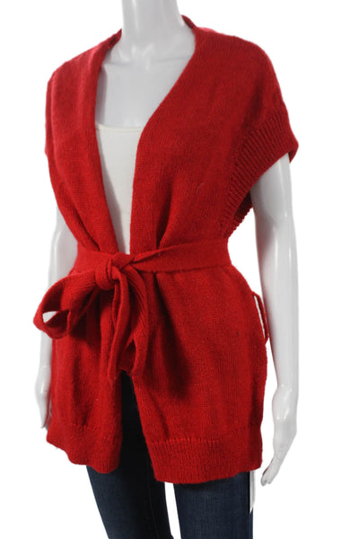Ange Women Cardigan Red V-Neck Short Sleeve Acrylic Size One Size