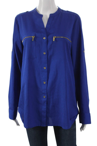 Calvin Klein Womens Blue V-Neck Tunic Blouse Long Sleeve Button Size M