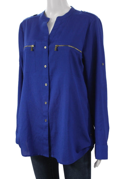 Calvin Klein Womens Blue V-Neck Tunic Blouse Long Sleeve Button Size M