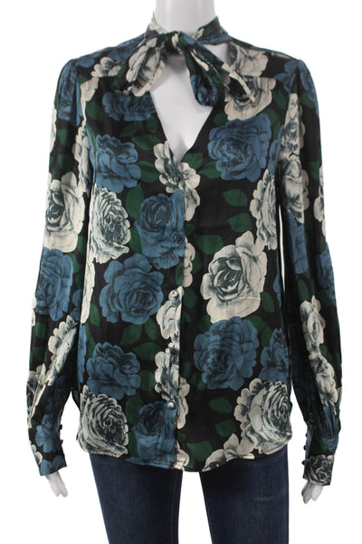 Paige Womens Basic Black Floral Collared Button Long Sleeve Blouse Size S