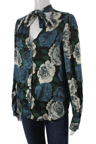 Paige Womens Basic Black Floral Collared Button Long Sleeve Blouse Size S