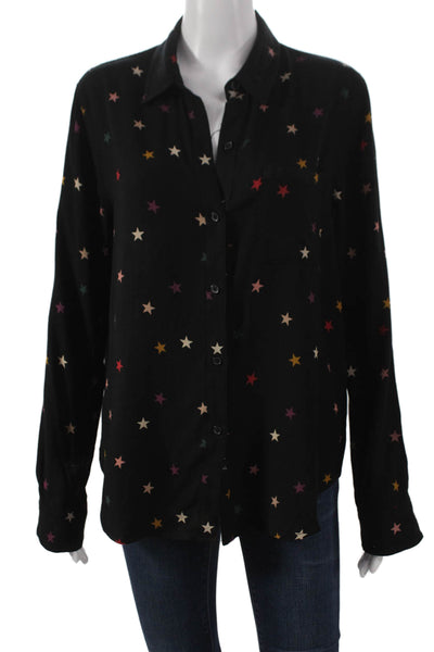 Rails Womens Geometric Rayon Collared Button-Up Top Black Long Sleeve Size M