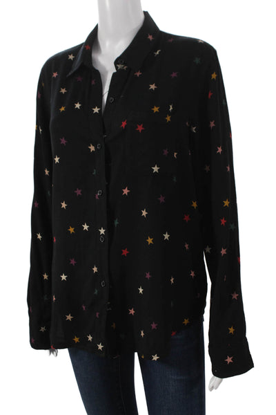 Rails Womens Geometric Rayon Collared Button-Up Top Black Long Sleeve Size M