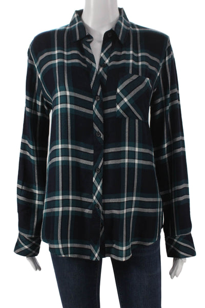 Rails Women Collared Plaid Button-Up Rayon Long Sleeve Top Blue Fall Size S