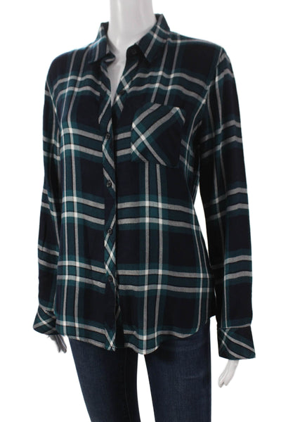 Rails Women Collared Plaid Button-Up Rayon Long Sleeve Top Blue Fall Size S