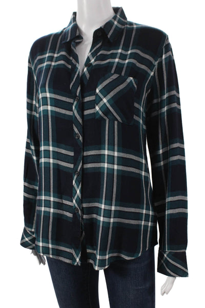 Rails Women Blue Plaid Rayon Collared Button-Up Long Sleeve Size M
