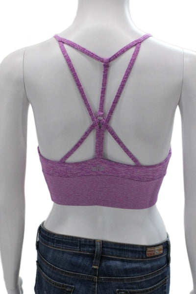 Alo Womens Strappy Back V Neck Stretch Knit Sports Bra Purple Size XS