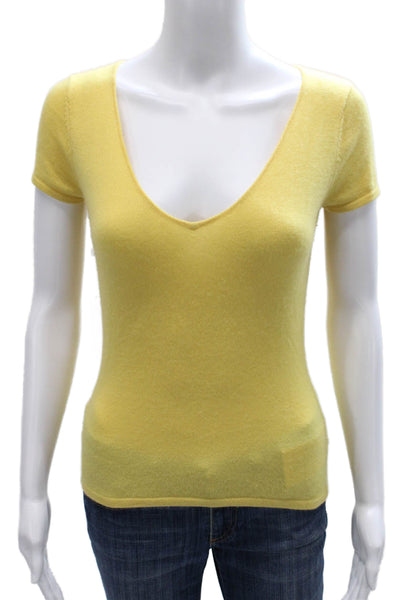 Heidi Weisel Womens Yellow Cashmere V Neck Short Sleeve Pullover Size S
