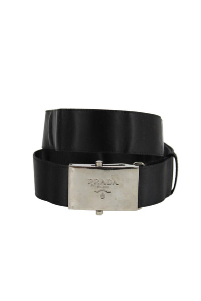 Prada Womens Medium Width Satin Metal Logo Belt Black Silver Tone Size Small
