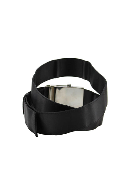 Prada Womens Medium Width Satin Metal Logo Belt Black Silver Tone Size Small