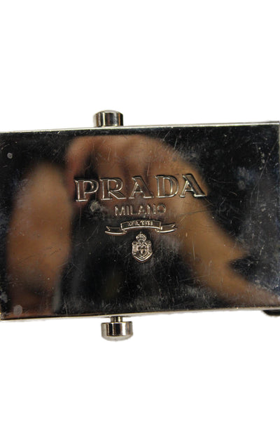 Prada Womens Medium Width Satin Metal Logo Belt Black Silver Tone Size Small