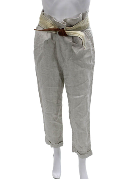 Tibi Women Cropped Linen Herringbone Pants Beige Zip Inseam 25 Size 2