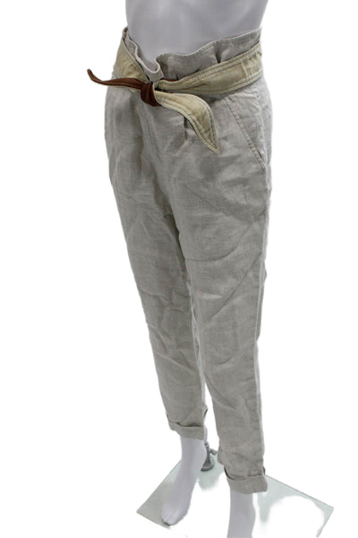 Tibi Women Cropped Linen Herringbone Pants Beige Zip Inseam 25 Size 2