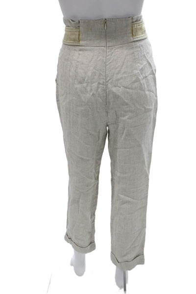 Tibi Women Cropped Linen Herringbone Pants Beige Zip Inseam 25 Size 2