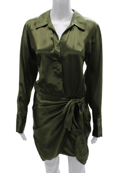 L Agence Women Shirt Dress Silk Green Long Sleeve Collared Button Size 6