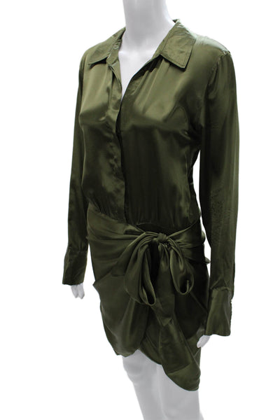 L Agence Women Shirt Dress Silk Green Long Sleeve Collared Button Size 6