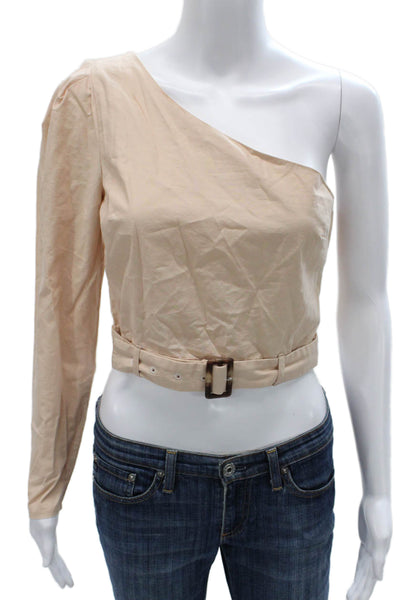 LPA Womens Cropped Blouse Beige Cotton One Shoulder Long Sleeve Buckle Size S