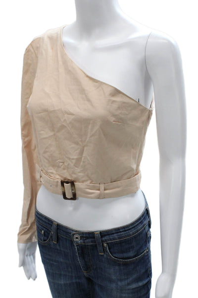 LPA Womens Cropped Blouse Beige Cotton One Shoulder Long Sleeve Buckle Size S