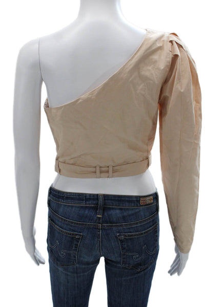 LPA Womens Cropped Blouse Beige Cotton One Shoulder Long Sleeve Buckle Size S