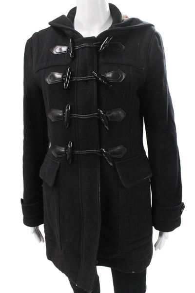 Burberry Brit Women Black Wool Overcoat Toggle Closure Long Sleeve Size 10