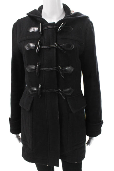 Burberry Brit Women Black Wool Overcoat Toggle Closure Long Sleeve Size 10
