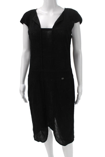 Chanel Womens Shift Dress Black Cotton Square Neck Short Sleeve Size 40