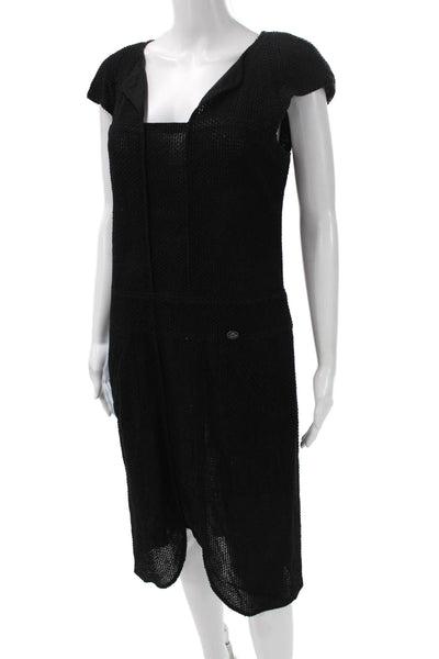 Chanel Womens Shift Dress Black Cotton Square Neck Short Sleeve Size 40