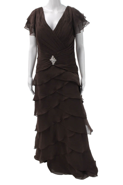 Jovani Women Brown V Neck Sleeveless Long Polyester Dress Size 12
