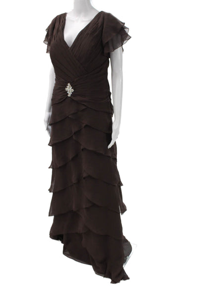 Jovani Women Brown V Neck Sleeveless Long Polyester Dress Size 12