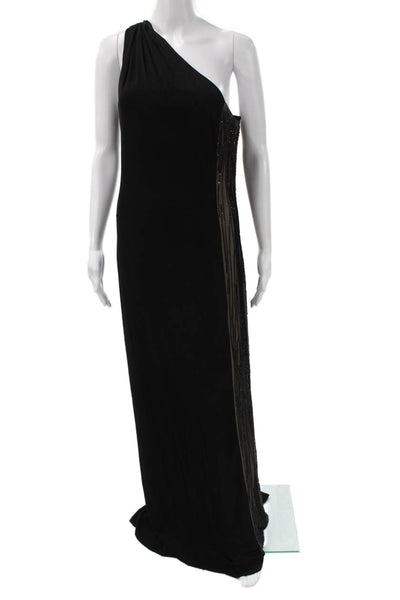 David Meister Women Black One Shoulder Maxi Dress Rayon Zip Sleeveless Size 14
