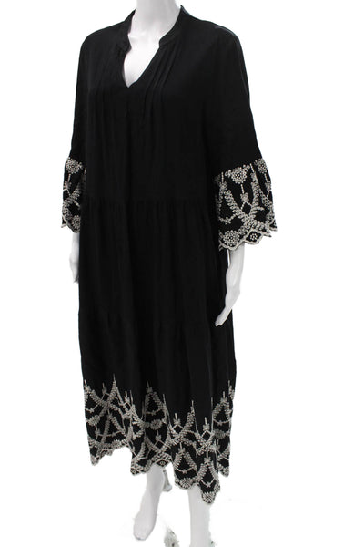 Solitaire Women Maxi Dress Black Rayon V Neck 3/4 Sleeve Pullover Size S